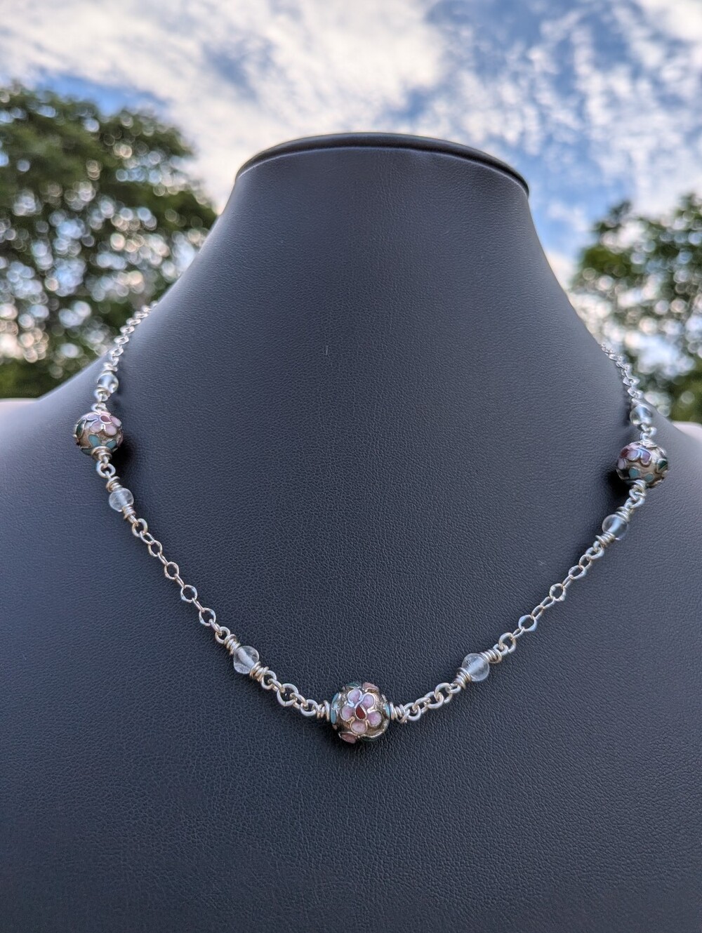 Sterling Silver Flower Necklace - Vintage Cloisonne Beads - Topaz Gems - Picture 12 of 14